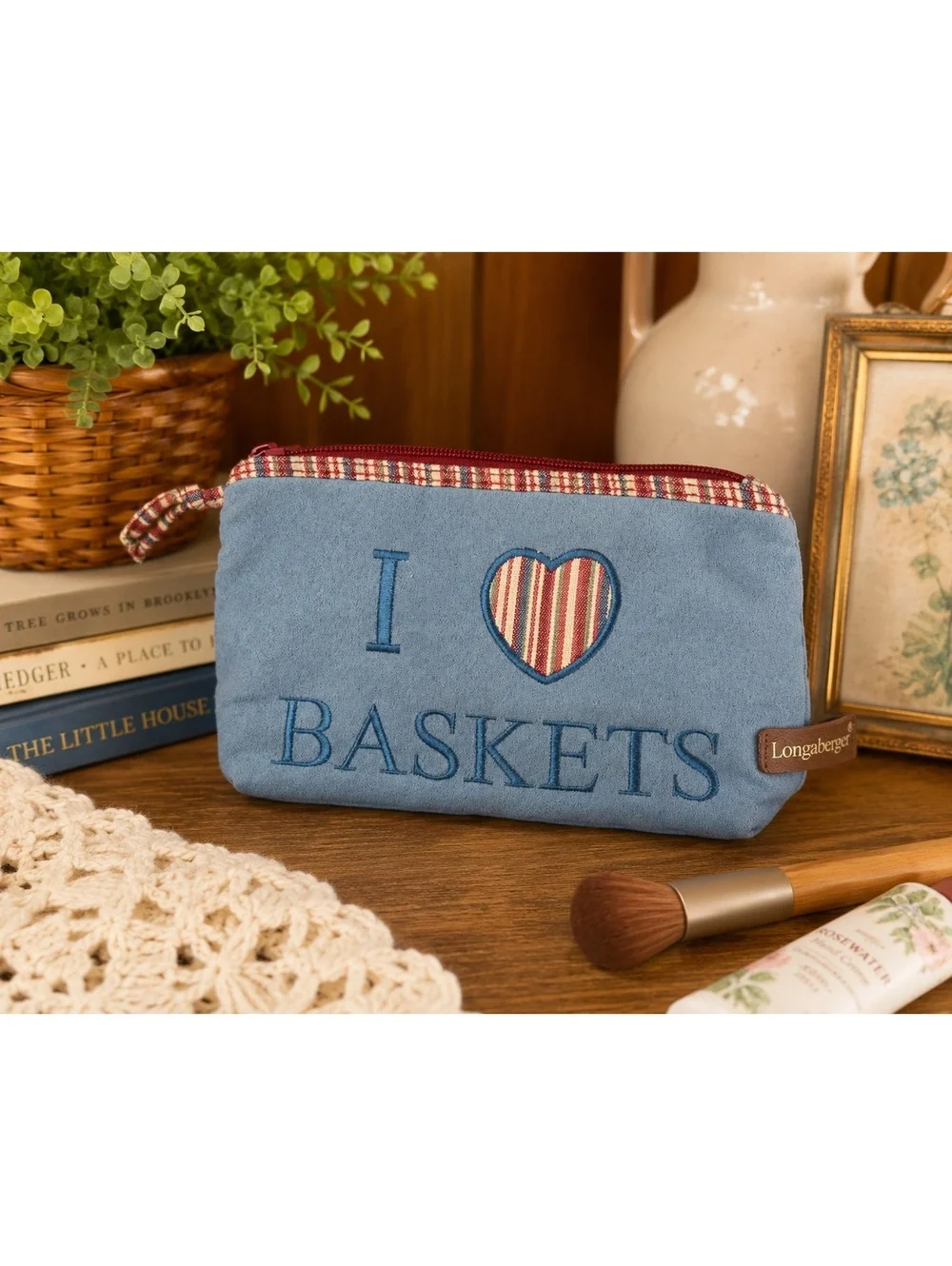 Longaberger I Love Baskets Zippered Cosmetic Bag Blue Travel Pouch
